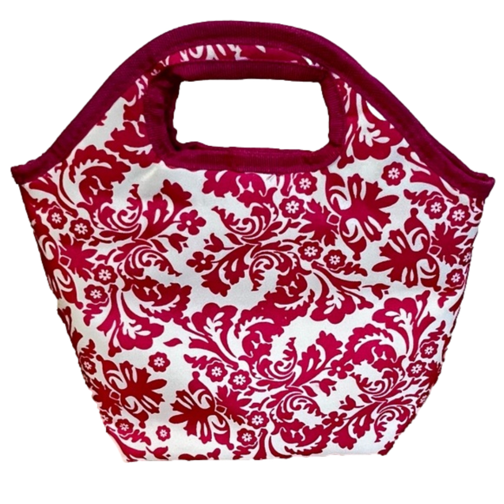 Hot Pink & White Damask Pattern Neoprene Lunch Tote